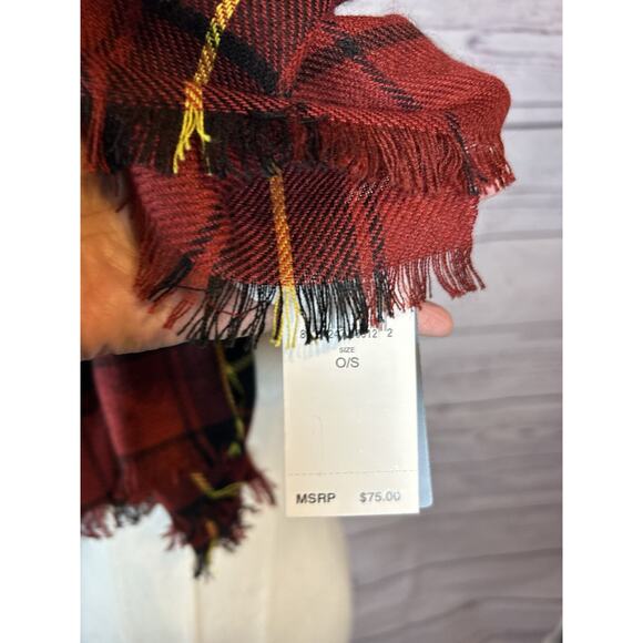 Lauren Ralph Lauren Black Label Plaid Fringe Scarf NWT Red Black Yellow 44x46 - Picture 4 of 8